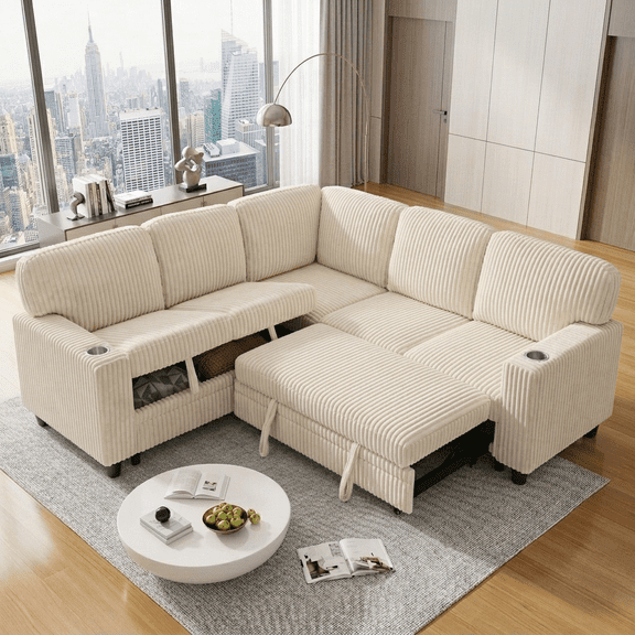 Howcool Modular Sectional Sleeper Sofa, 81" L-Shaped Oversized Cloud Couch with Pull-Out Bed, 5-Seat Corduroy Sofa with Storage Chaise, USB Charging and Cup Holders for Living Room Apartment,Beige