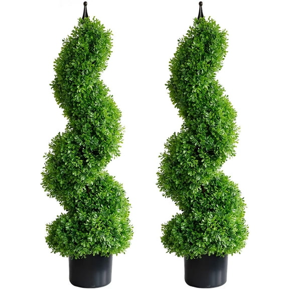 Artificial Topiary Outdoor Boxwood Spiral Topiary Tree 3ft (2 Pieces) Faux Topiary Tree Outdoor Feaux Plant for Decorative Indoor/Outdoor/Garden (35inch)