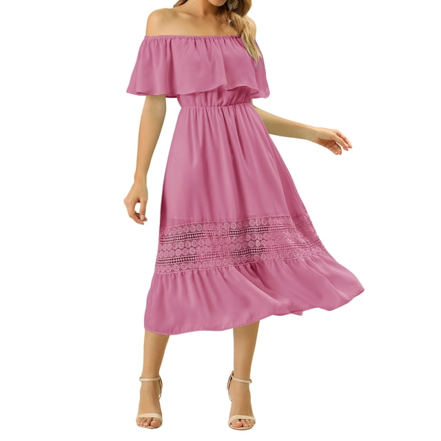INSPIRE CHIC Women's Dress Flutter Sleeve Off The Shoulder Ruffle Lace Insert Maxi Dresses S Pink