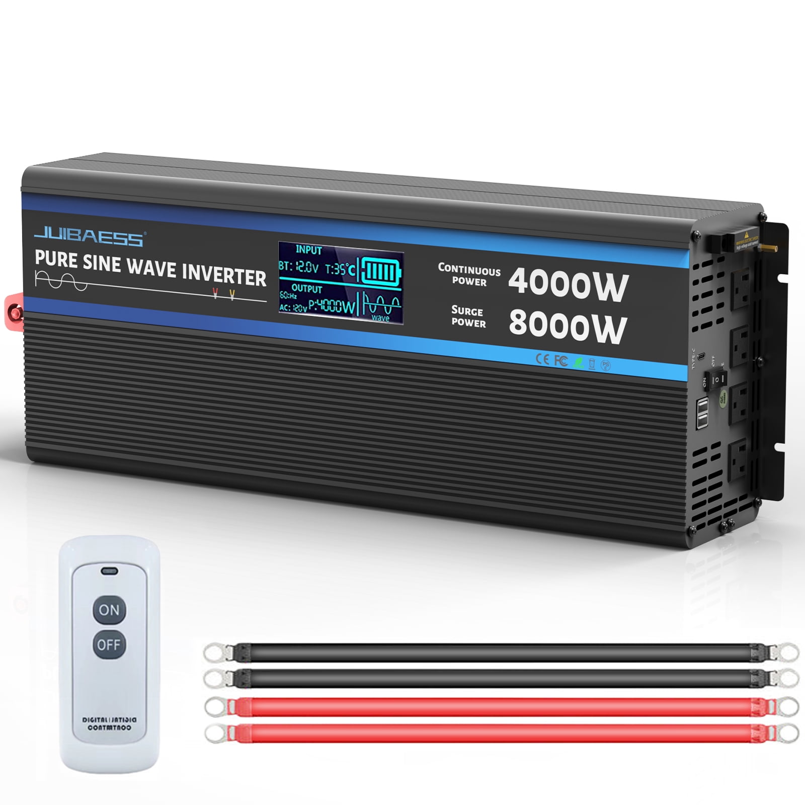 JUIBAESS JSBLACK-US12300R-4000W 4000-Watt Continuous 8000-Watt Surge Pure Sine Wave Power Inverter, 4 AC Outlets