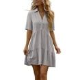 thumbnail image 2 of Gamivast Dresses for Women Linen Collared V-Neck Short Sleeve Tiered Mini Dress Casual Loose Fit Babydoll Swing Dress Flowy Summer Vacation Sundress Gray S, 2 of 7