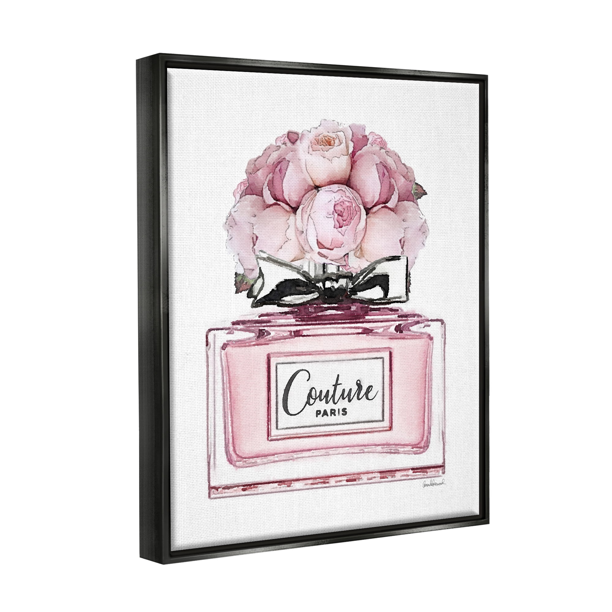 Stupell Industries Pink Roses Perfume Botanical & Floral Painting Black Floater Framed Canvas Art Print Wall Art, 17 x 21