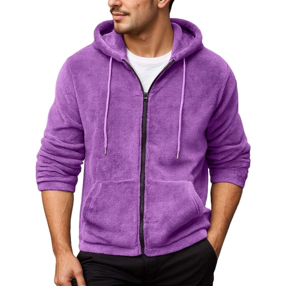 KHONTS Men's Casual Lightweight Sherpa Jackets Full Zip Warm Fuzzy Windproof Winter Hooded Sweatshirts Work Coats with Pockets Purple XL