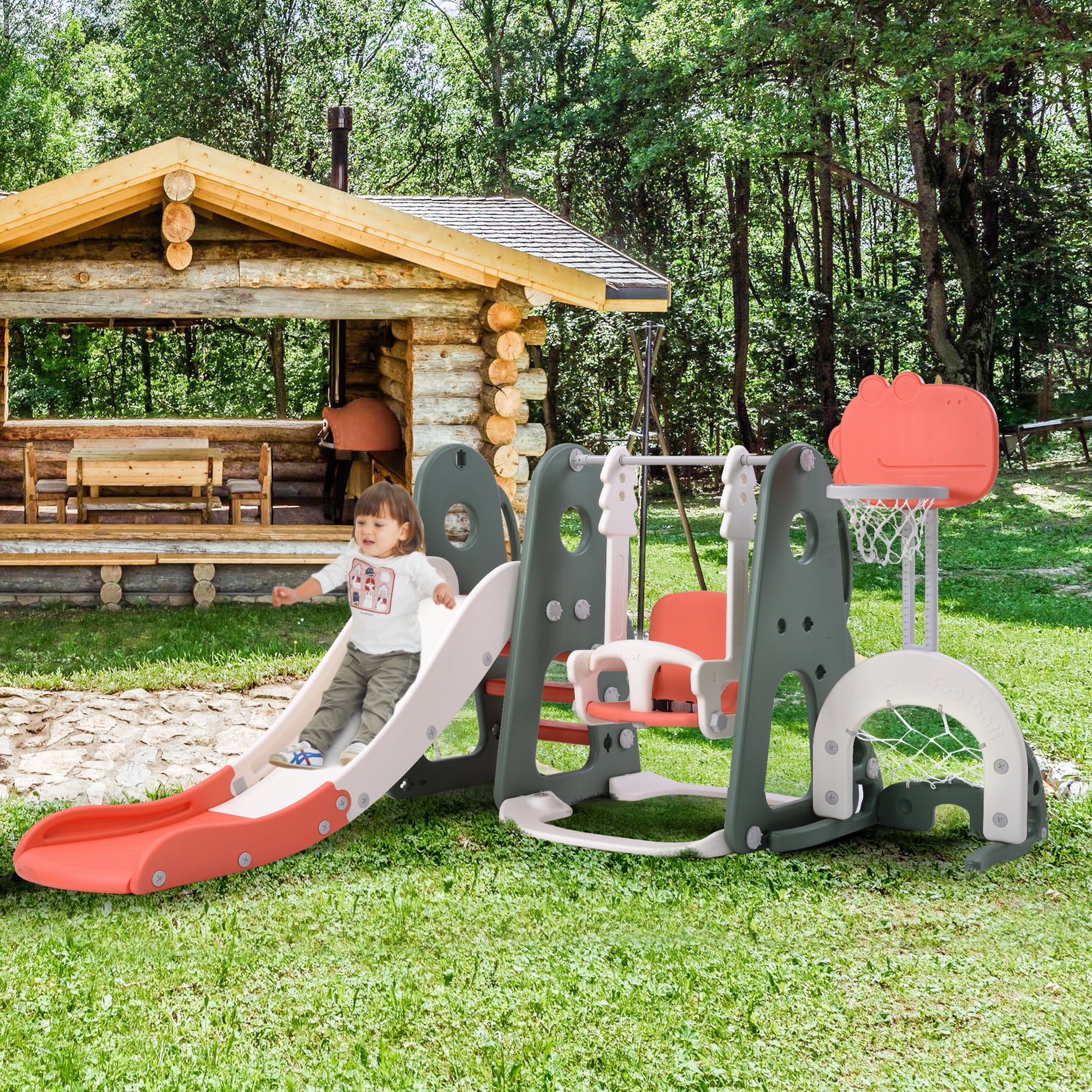 EUROCO 6 in 1 Toddle and Swing Set with Adjustable Swing and Slide Height, Rocket Swing Set with Basketball Stand