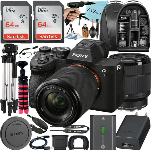 Sony Alpha a7 IV Mirrorless Digital Camera with FE 28-70mm Lens   2 Pack SanDisk 64GB Card   Case   Tripod   ZeeTech Accessory Bundle (International Version)