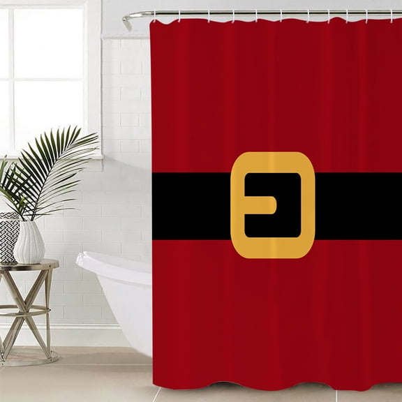 Christmas Santa Waterproof Fabric Shower Curtain, Black Golden Belt Red Backdrop Shower Curtain for Bathroom Curtains Bathtubs Hotel Washable Shower Curtains with 12 Hooks Standard 66x72