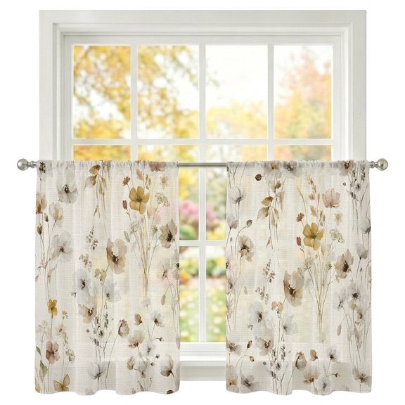Spring Florals Sheer Curtains 45 Inch Long 2 Panels Watercolor Light Yellow Grey Floral Leaf Linen Texture Light Filtering Rod Pocket Curtains, Sheer Voile Drapes for Living Room Bedroom 52"x45"