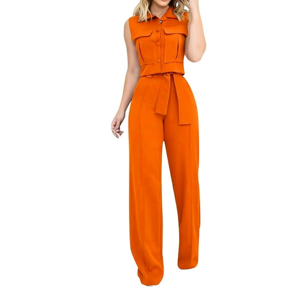 Scyoekwg Women 2 Piece Outfits Solid Color Sleeveless Turndown Collar Button Pocket Tops Solid Color Elastic Waist Tie Pants Sets (Orange,XL)