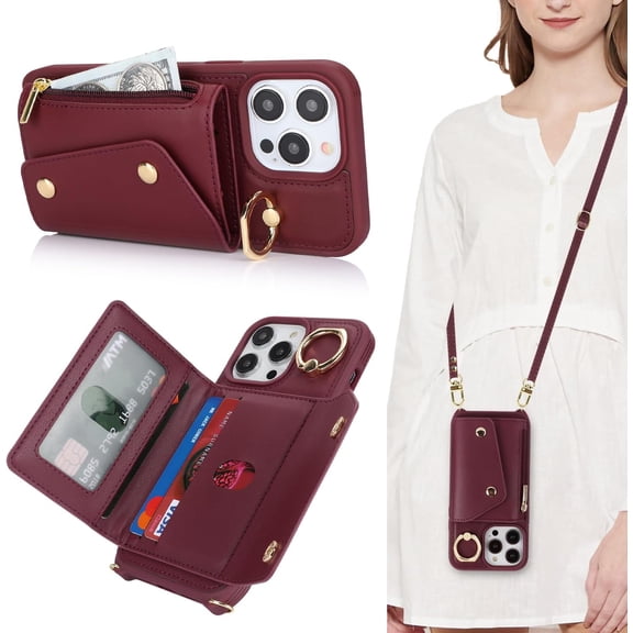 for iPhone 15 Pro Case with Card Holder and Strap - Zipper Pocket,Crossbody Lanyard Strap,Credit Card Holder,Stand Ring,Cute Phone Wallet Case for Women(Wine Red,6.1 Inch)