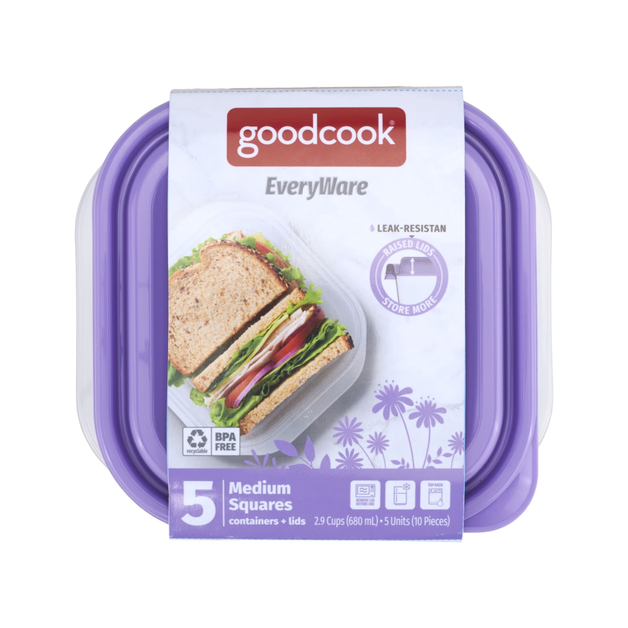 GoodCook EveryWare Medium 2.9 Cup Square Food Storage Container, 10 Piece, Purple, BPA Free