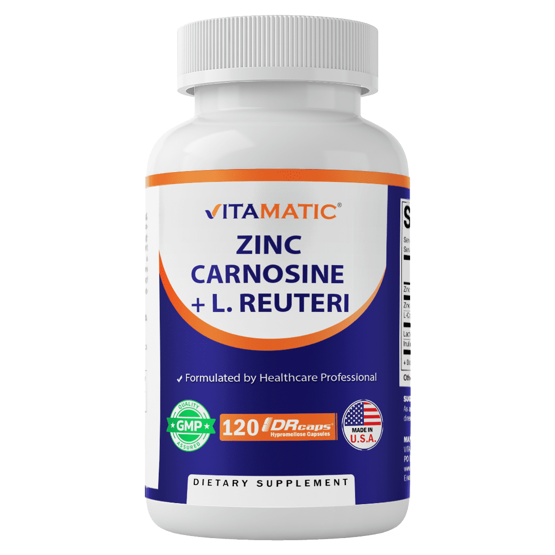 Vitamatic Zinc Carnosine with L. Reuteri 10 Billion CFU & Prebiotic Inulin 264 mg Digestive & Gut Health Support* - GI Tract Supplement – 120 Delayed-Release Capsules