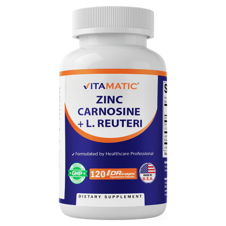 Vitamatic Zinc Carnosine with L. Reuteri 10 Billion CFU & Prebiotic Inulin 264 mg Digestive & Gut Health Support* - GI Tract Supplement – 120 Delayed-Release Capsules