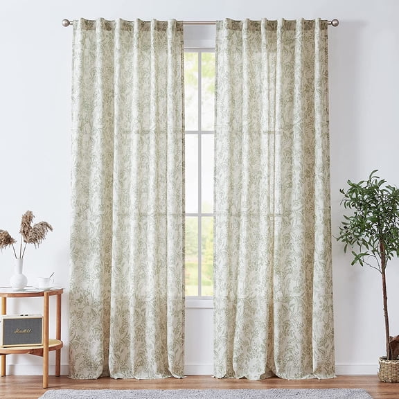 Floral Linen Blend Curtains for Living Room - 84 Inch Light Filtering Semi Sheer Kitchen Window Back Tab 2 Panels