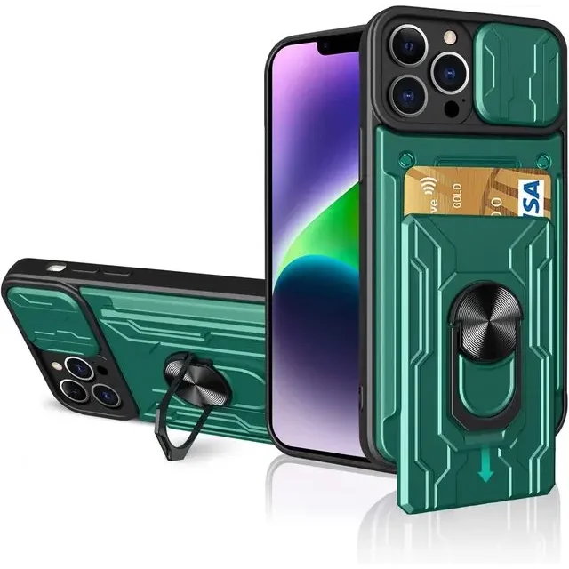Case For iPhone 15 14 Pro Max 13 12 Pro Max XR X 8 7 Plus SE Slide Stand Ring Camera Military Grade Card Slot Cover Green iPhone 14 Pro