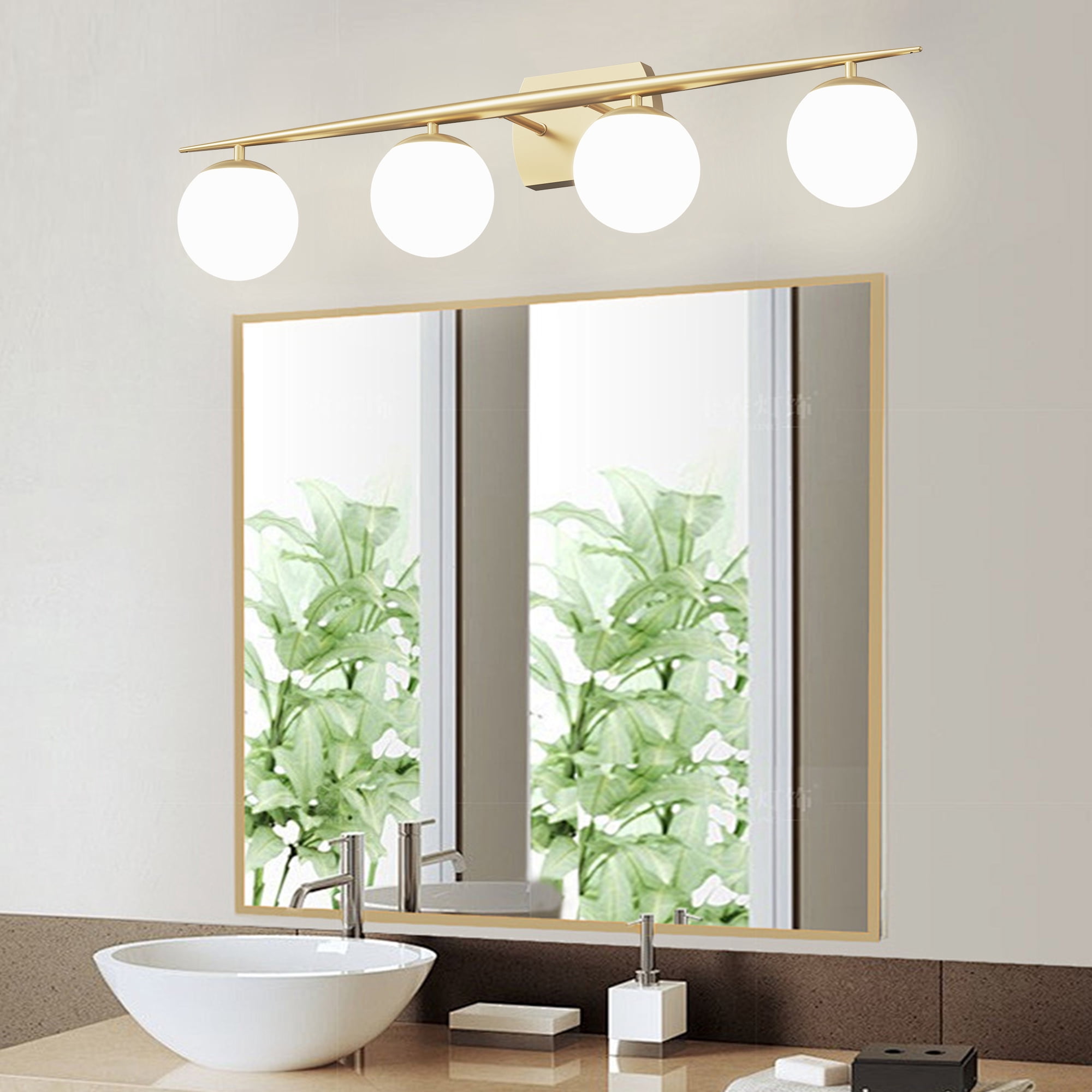 Gold Vanity Lighting Fixtures, 4-Light 34.7 Inch Modern Bathroom Light with Milky White Frosted Glass Shades, Wall Lights for Bathroom, Bedroom, Living Room（G9 Bulb not Included）