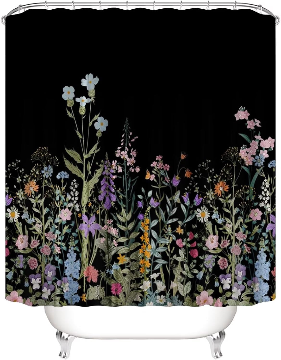 4 Pcs Floral Shower Curtain Set Black Shower Curtain and Rug Set Colorful Floral Bathroom Decor Sets with Shower Curtains and Rugs and Accessories Flower Bathroom Shower Curtain Set with 12 Hook