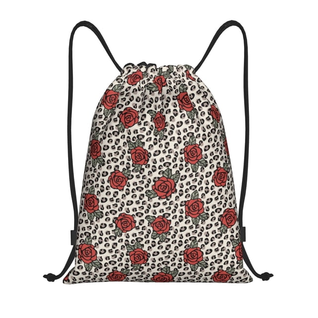 Saiise Leopard Print Rose Pattern Sports Drawstring Backpack - String Swim Gym Bag with Wet Proof Pocket for Women&Men-Small