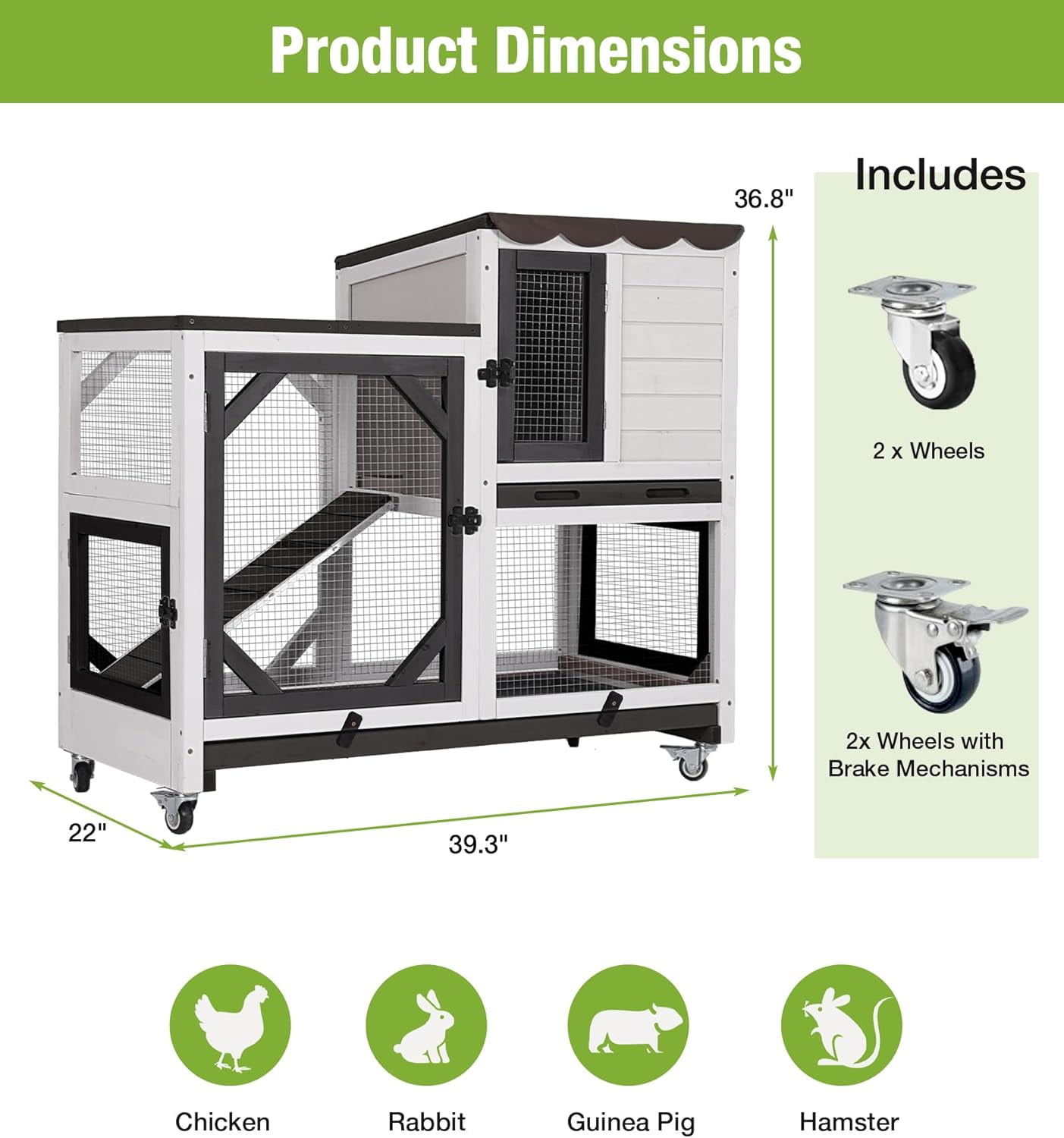 MEDEHOO Duplex Rabbit Hutch Indoor with Chew-Proof Frame & 2 Leak-Proof Sliding Trays, Rain Cover, Wooden Guinea Pig Cages with Wheels - Black and White