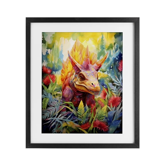 Stupell Industries Contemporary Colorful Dinosaur in Jungle Black Framed Print Under Glass, 13 x 16, by Creative Studio