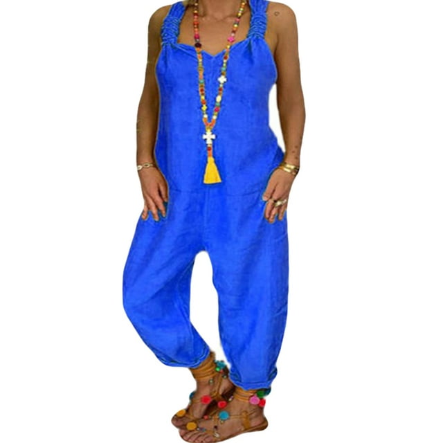 Sexy Dance Salopette Ample en Coton pour Femme, Combinaison Sans Manches Unie à Col en V, Jaune, 1, P-5TG