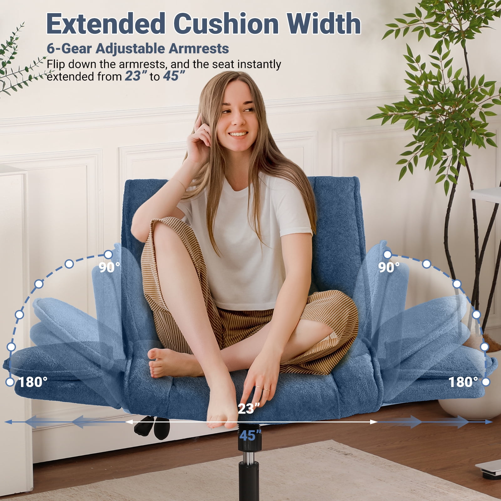 Criss Cross Office Chair with 6-Level Folding Arms and Wheels, Ergonomic Fabric Cross Legged Chair with Dynamic Lumbar Support, Plus Size Swivel Vanity Chair for Home Office, Living Room, Makeup
