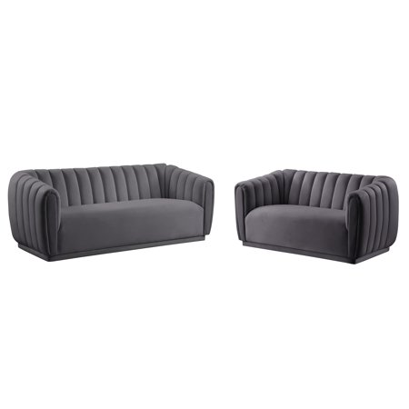Art Deco Grey Velvet Channel Tufted Sofa Set 2 Pcs DIXIE Meridian Contemporary