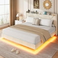 thumbnail image 1 of King Size Floating Bed Frame with LED Lights & Charging Station - Upholstered Platform Bed with Storage Headboard, Folding Shelves & Metal Slats, No Box Spring Needed, Beige, 1 of 8