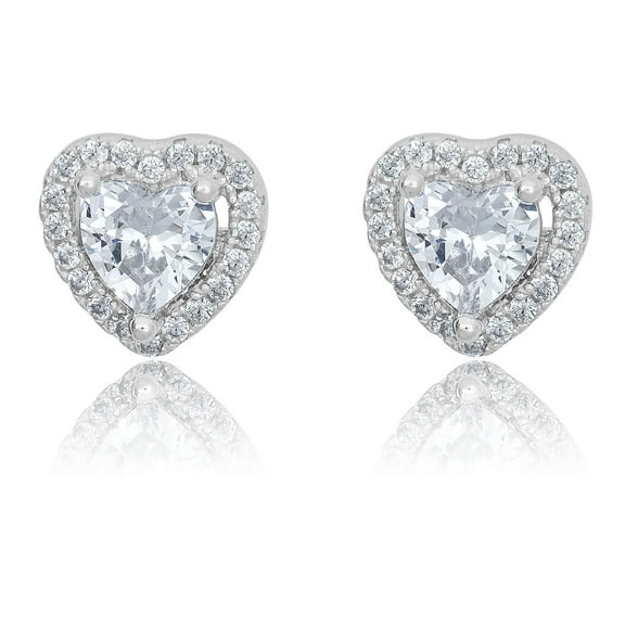 AVORA 925 Sterling Silver 6mm Heart-shaped Simulated Diamond CZ Heart Halo Stud Earrings