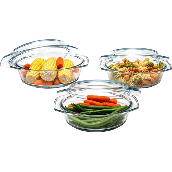 TT-Casserole Dish Set, Set of 3 Casserole Dish with Lid, Round Glass Cookware, Borosilicate Glass, Made In Europe 0.75 Quart, 1 Quart and 1.5 Quart Baking Dishes…