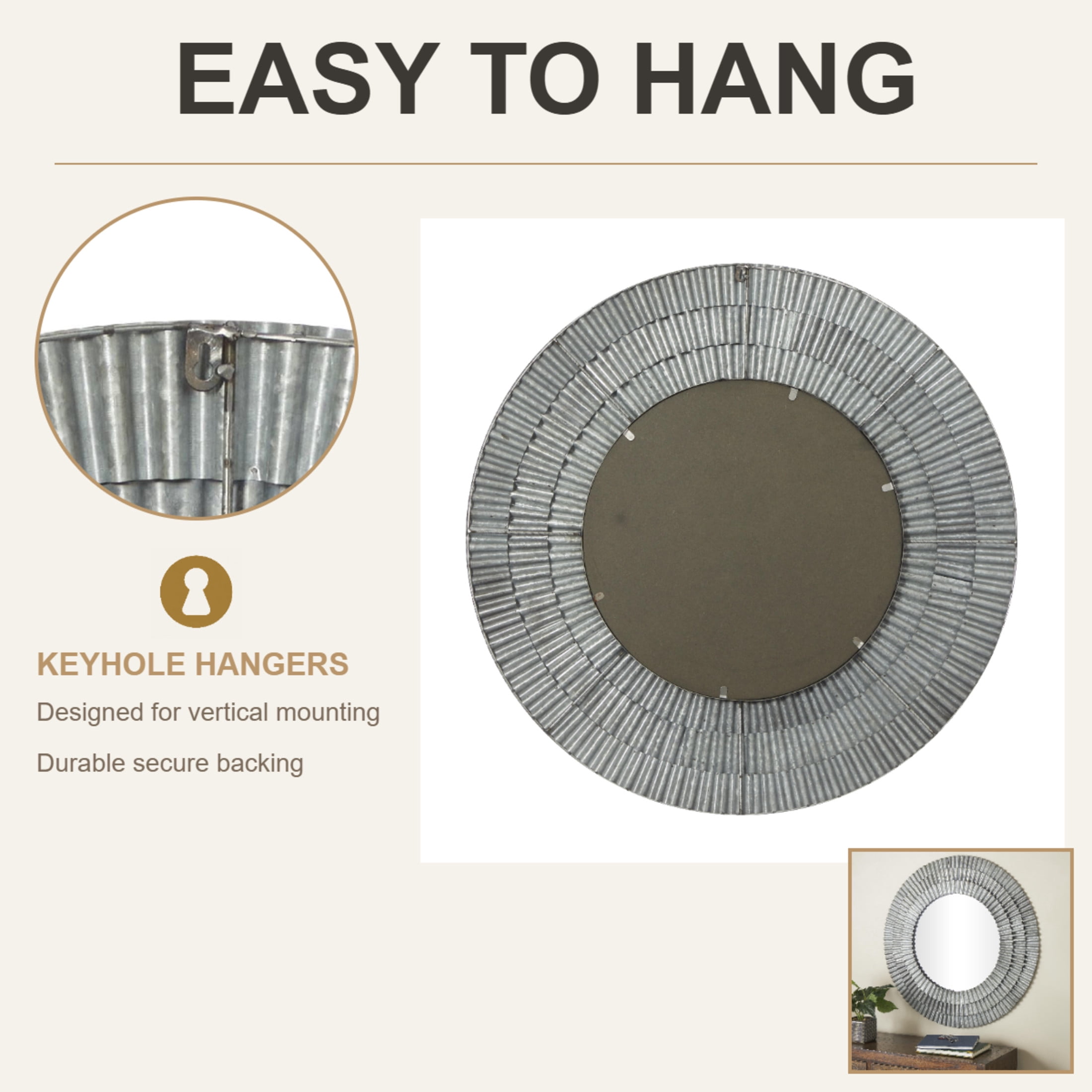 DecMode 37" x 37" Gray Galvanized Layered Ribbed Wall Mirror