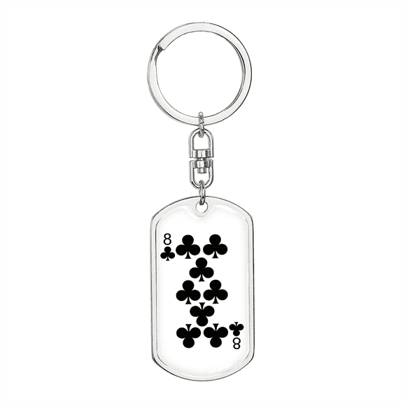 8 of Clubs Gambler Dog Tag Keychain Stainless Steel Silver Tone or Gold Tone