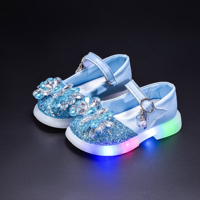 blue sequin dress shoes Mostsola Girls Glitter Mary Jane LED Flashing Thick Sole Rhinestone Princess Wedding Party Flower Girl Flat Shoes 5.5 Toddler As Pictured * Pointed Discounted Emerald green silk satin Color:Solid ivory