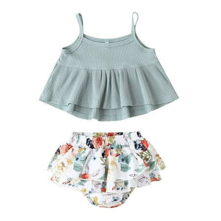 

Fesfesfes Toddler Baby Girl Summer Sleeveless French Ribbed Sling Print Shorts Suit