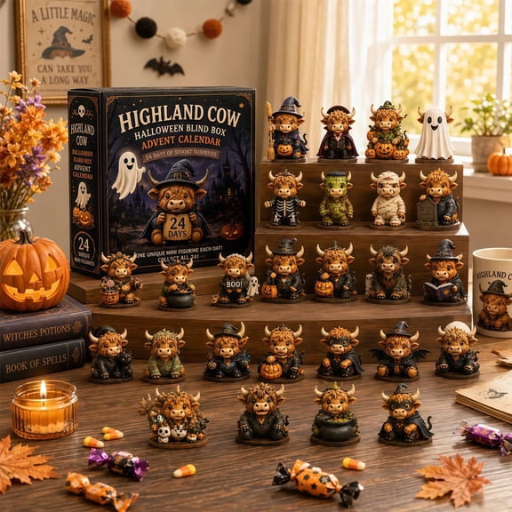 Halloween Highland Cow Countdown Calendar, 24 Day Countdown Box, Mini Collectible Figurines, Farm Animal Display, Pumpkin Witch Gift for Adults