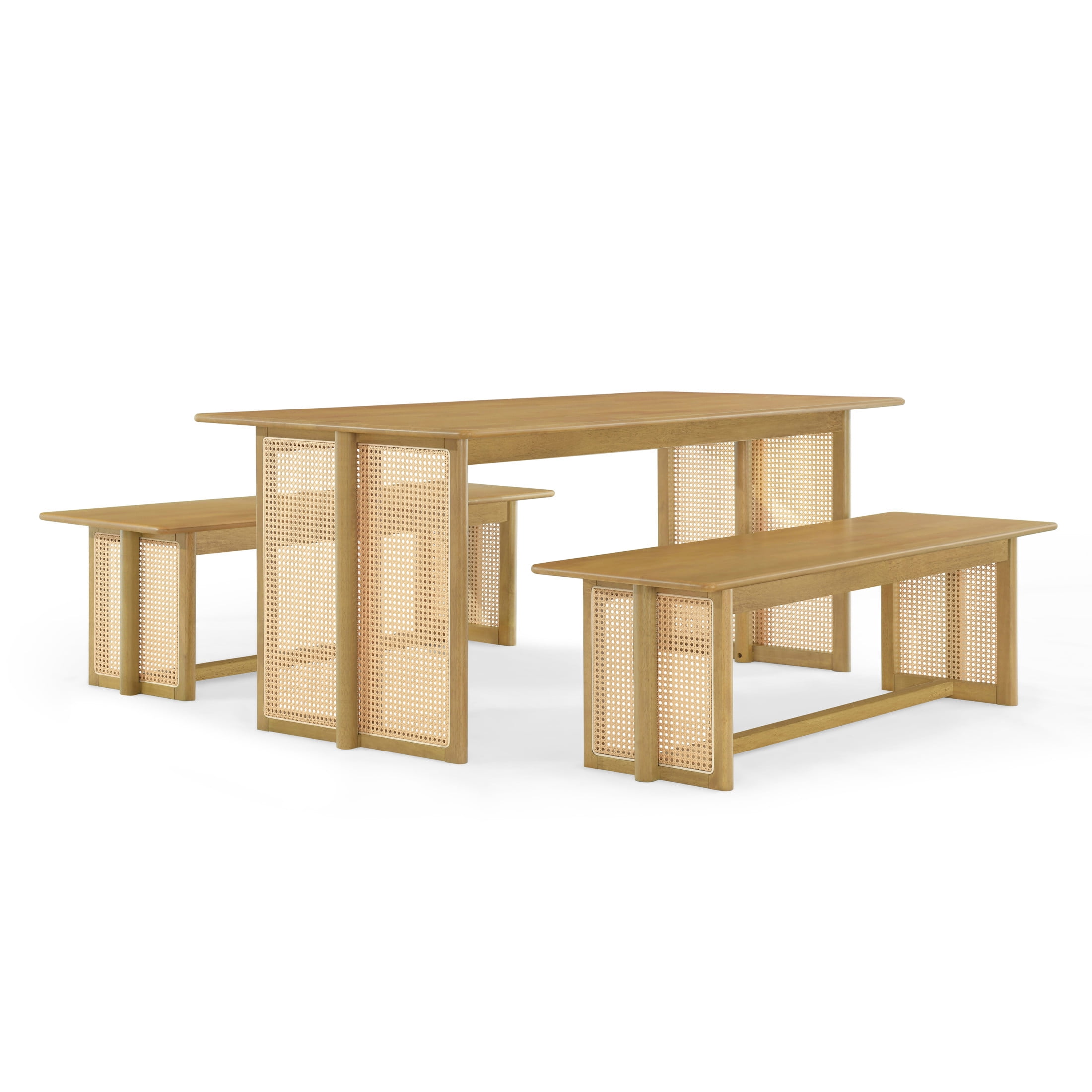 Christopher Knight Home 3-Piece Bohemian Wood Dining Table with Benches for 6, Rattan Accents, Natural