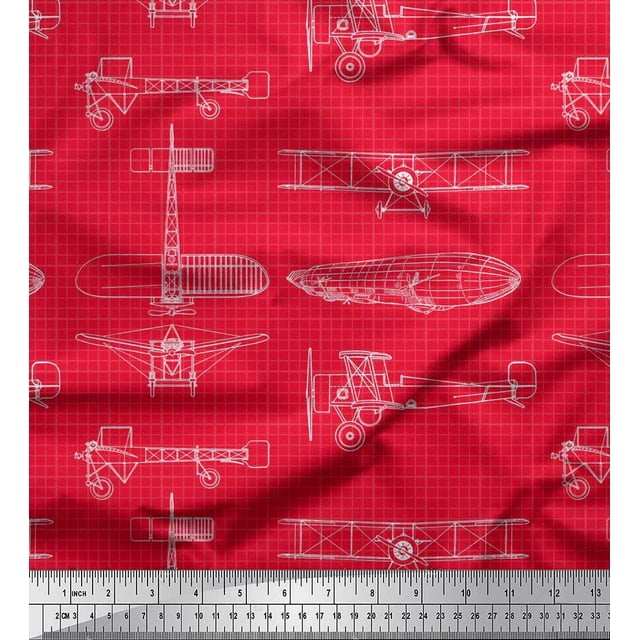 Soimoi Crepe Silk Fabric Check & Airplane Transport Print Fabric by Yard 42 Inch Wide