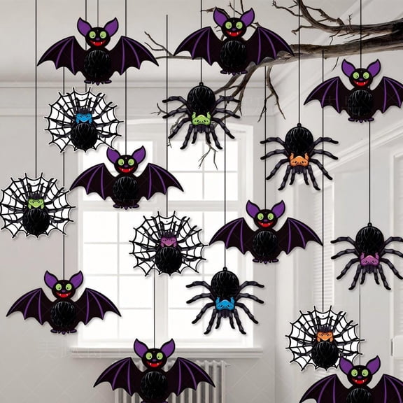 SINKOO Halloween Spider Bat Hanging Decorations, 16 Pack Paper Large Size 3D Black Spider Bat for Halloween Party Decor Indoor Outdoor Halloween Decorations