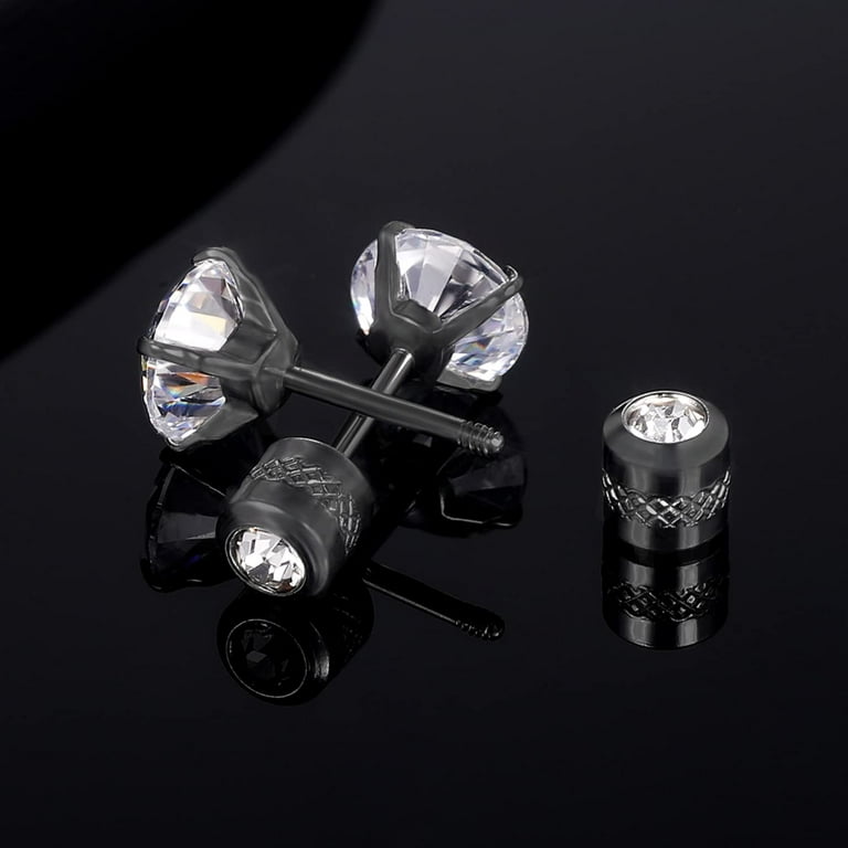 Titanium Screw Back Earrings Black 316L Surgical Stainless Steel Cubic Zirconia Fake Diamond Flat Back Stud Hypoallergenic for Sensitive Ear for Women
