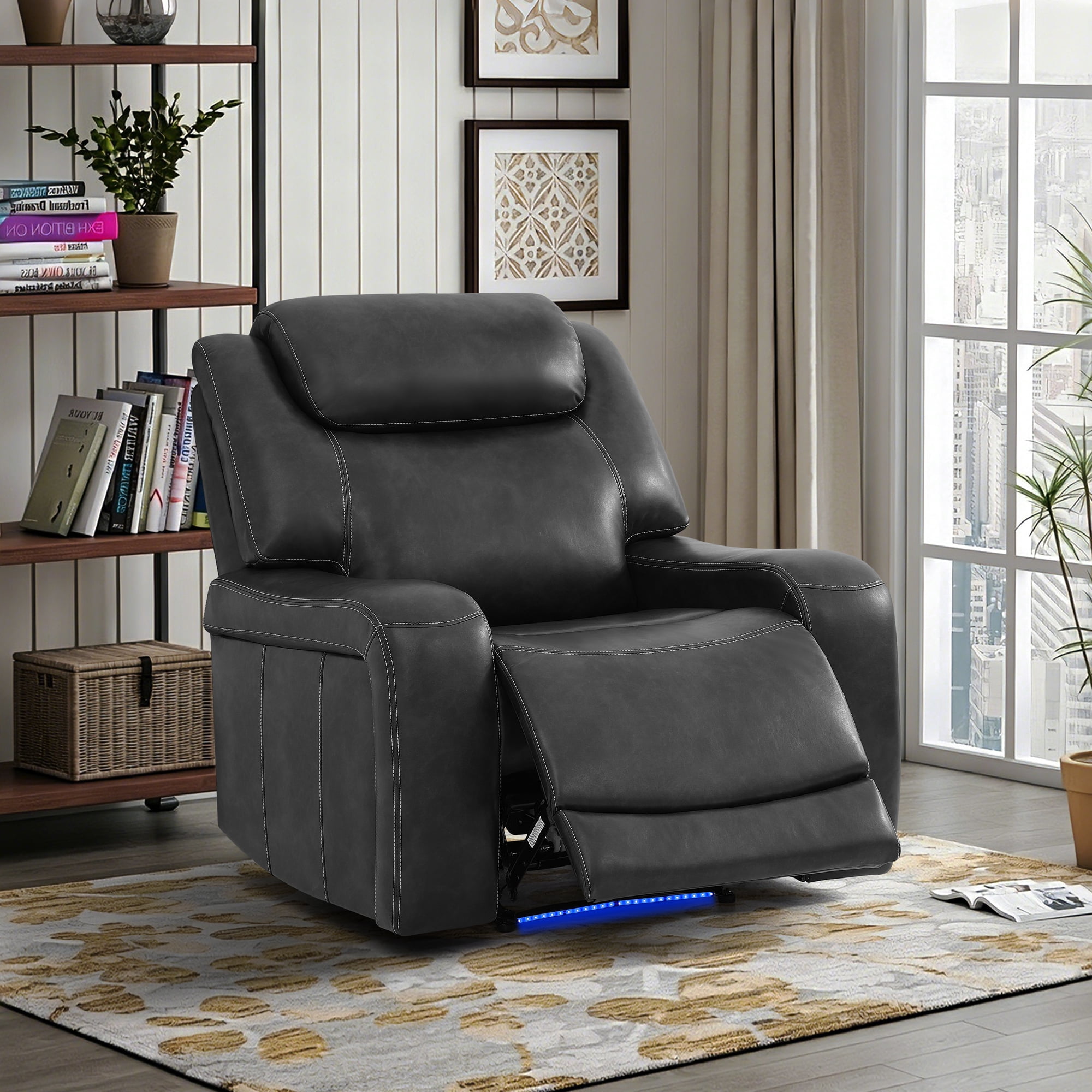 Gewnee Power Recliner Chair, Adjustable Reclining Lounge Chair with USB Ports, LED Lights, Air Leather Upholstered Single Sofa Recliner for Living Room, Office, Black