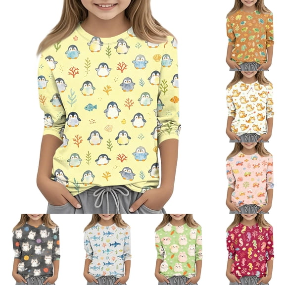 Grblisyd Girls T Shirts Kids Casual 3/4 Sleeve Cute Animal Print Crewneck Tops Fashion Tees 10-12 Years