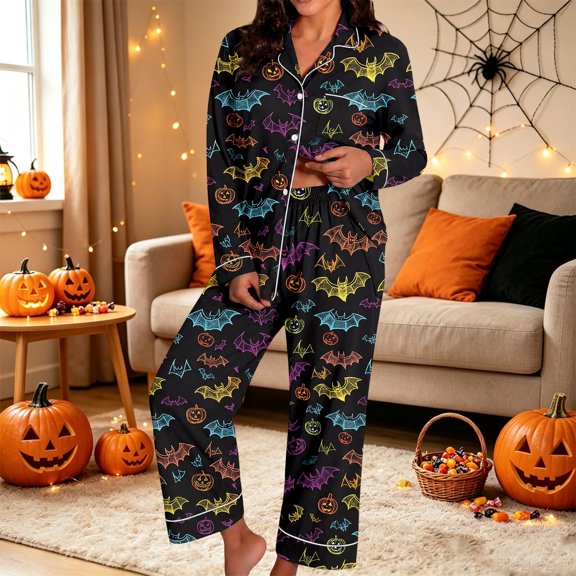 Halloween Pjs Women Long Sleeve Button Collar Shirt Pants Loose Nightwear Sleepwear 2 Piece Women Pajama Sets Black L