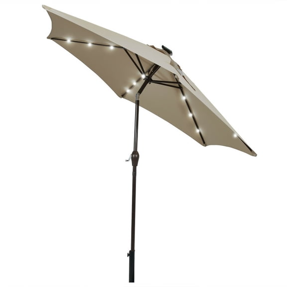 Biotree 9 ft Solar LED Market Patio Umbrella with Crank and Tilt, 6 Sturdy Ribs, Vented Canopy - Tan