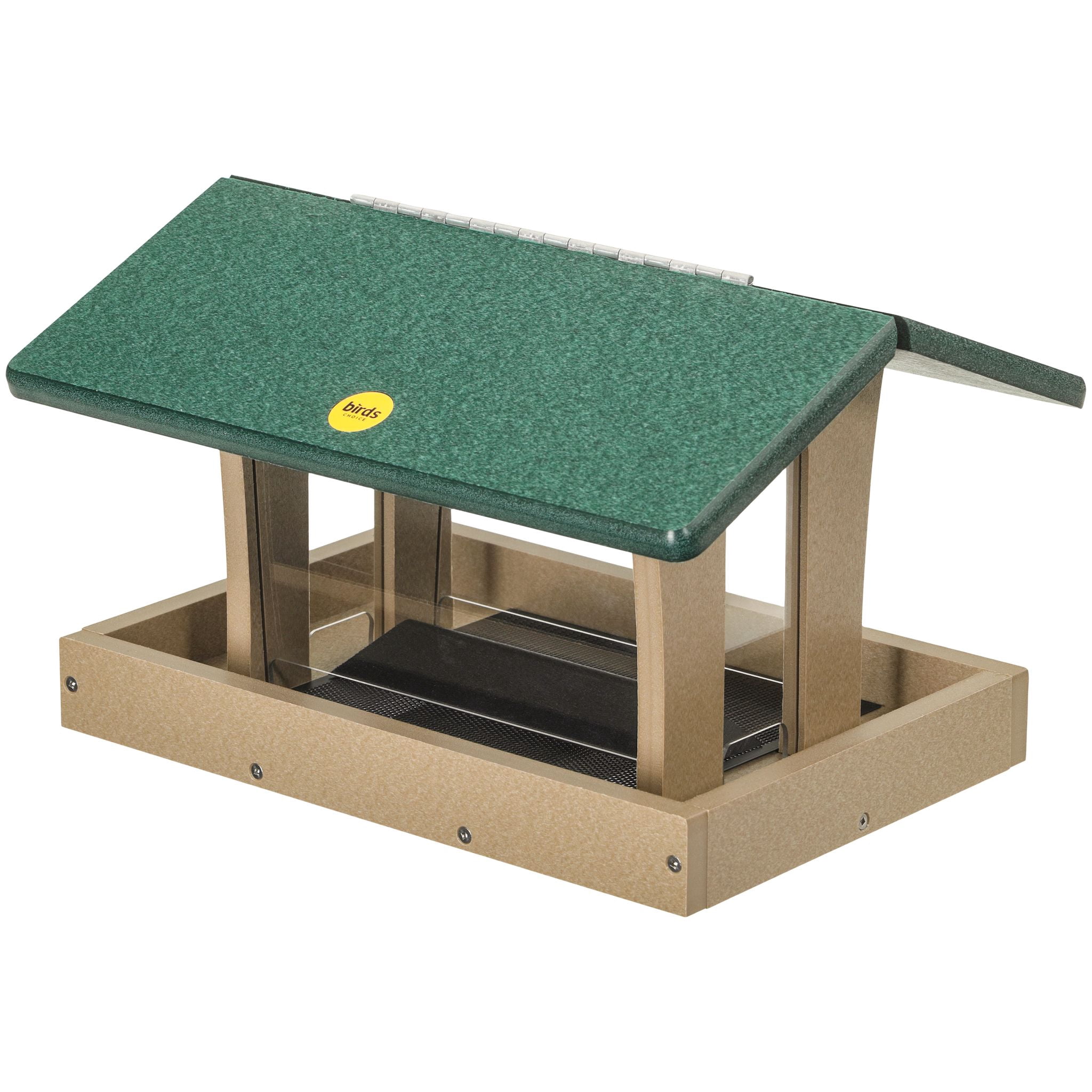 Birds Choice 9" Medium Recycled Plastic Mounted Hopper 4-Sided Bird Feeder, Tan/Green