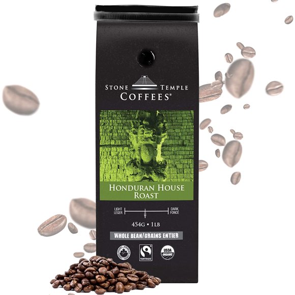 Stone Temple Coffees - Honduran House Roast, Whole Bean, Medium Roast, Certified USDA & COR Organic and Fair trade, 100% Arabica Grade A, 1lb/454g Bag