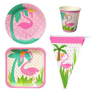BESTOYARD 4Pcs Flamingo Party Tableware Set Disposable Plate Cup Banner for Hawaiian Flamingo Party Supplies