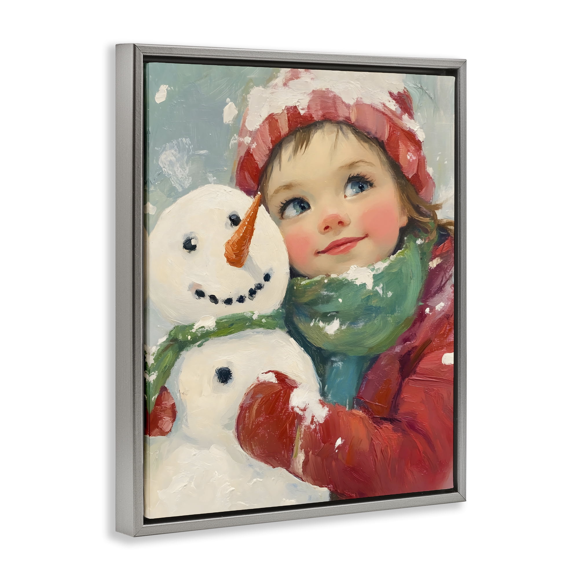Stupell Industries Christmas Girl & Snowman Embrace Gray Framed Floater Canvas Wall Art, design by The Prints Vibe