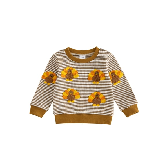 RUINIXCW Toddler Baby Boy Girl Thanksgiving Sweatshirt Outfit Fall Winter Clothes Turkey Embroidery Striped Long Sleeve Crewneck Sweatshirt Pullover Tops