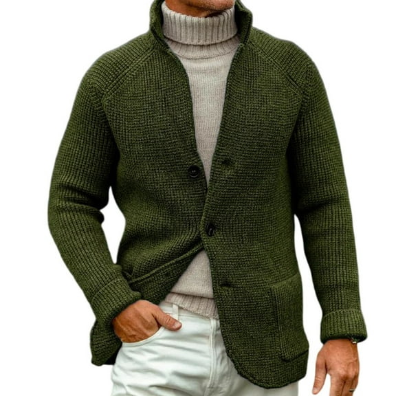 CharmCyan Men Knitted Cardigan Shawl Collar Button Down Long Sleeve Chunky Sweater Casual Warm Outerwear with Pockets Army Green L