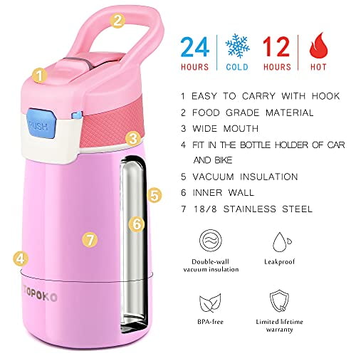 AUTO FLIP 12 OZ Stainless Steel Kids Water Bottle for Girls Double Wall Beverage Carry Kid Cup Vacuum Insulated Leak Proof Thermos Handle Spout BPA-Free Sports Bottle for Boys (Coral)