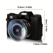 4K Vlogging Camera for YouTube 48MP Digital Camera for Photography with 180°Flip Screen, 16X Digital Zoom Manual Focus Students Camera, Wide Angle & Macro Lens, 64GB SD Card, 2 Batteries (black)